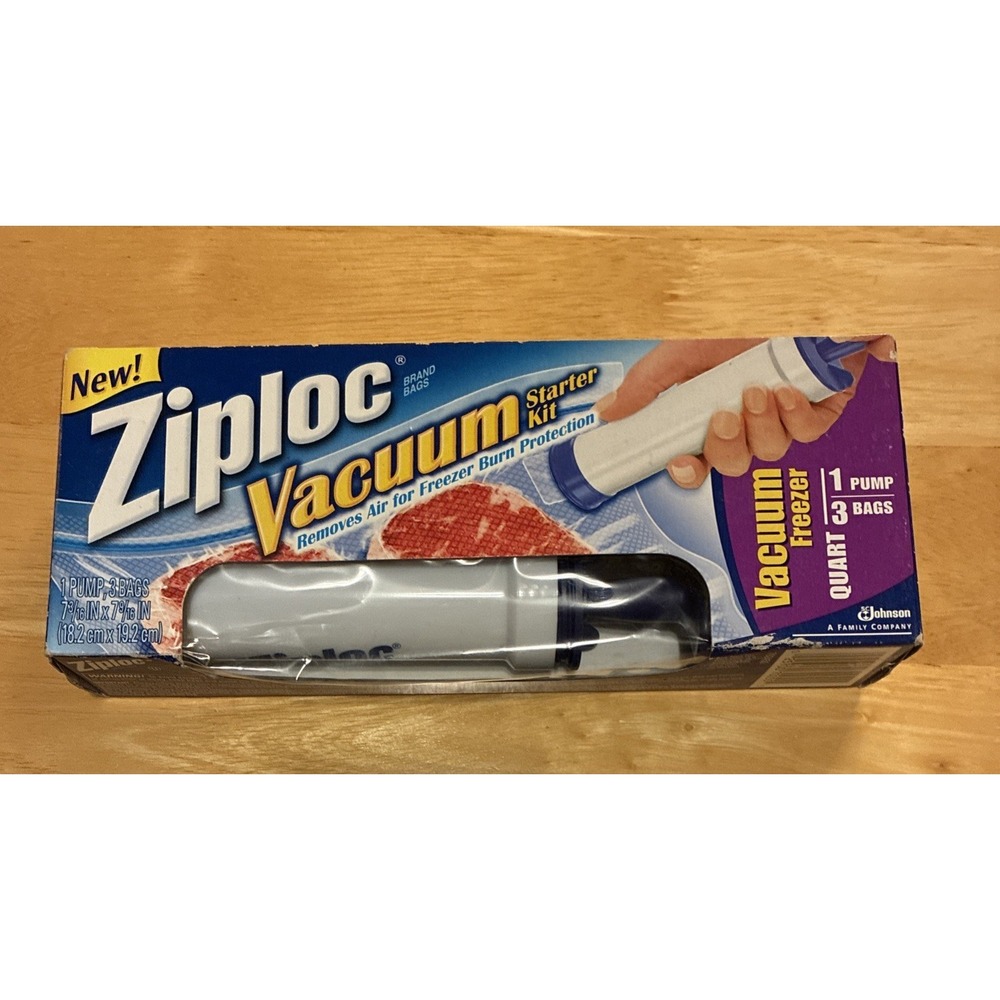 Ziploc Vacuum Starter Kit Pump and 3 One Quart Freezer Bags NOS Sealed